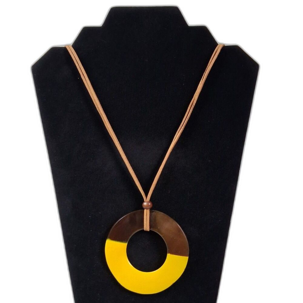 Yellow Brown Round Circle Pendant Long Length Sliding Knot Cord Boho Necklace